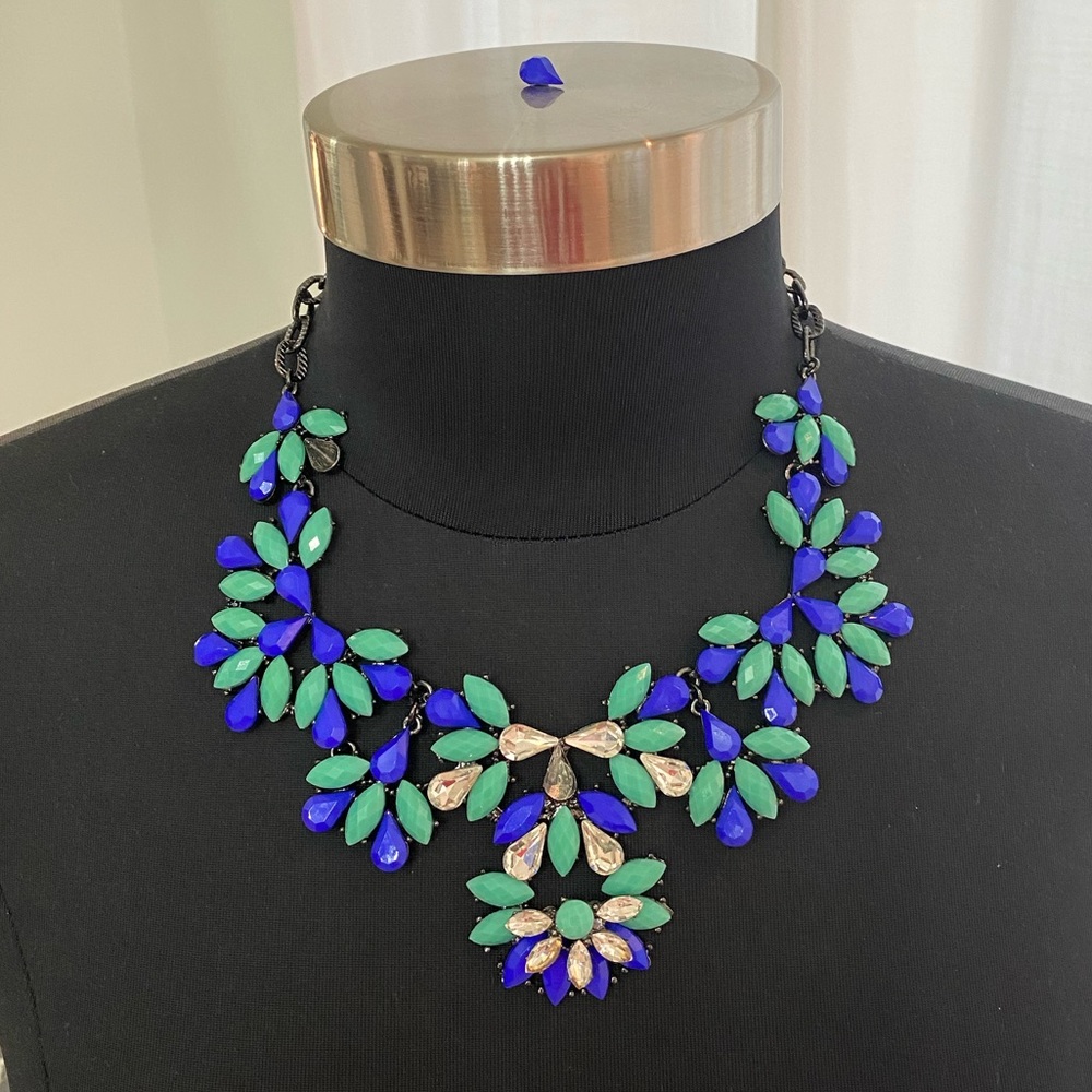 Amrita Royal Blue, Turquoise Green, Clear Crystal Resin Stone & Silver Necklace